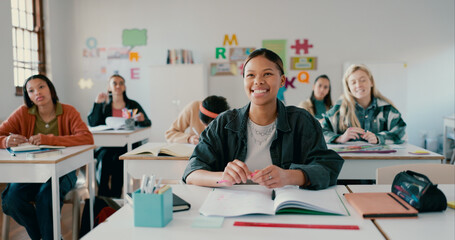 Poster - Notebook, lesson and student with girl in classroom for education, entrance exam and scholarship. Academy, knowledge and future with person in high school for solution, studying and problem solving