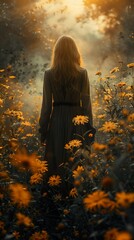 Woman in a Field of Golden Flowers at Sunset