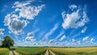© Chaikit - 2410_062.minimalist composition of country lane, lush agricultural lands, symmetrical field divisions, infinite blue sky, subtle cloud patterns, pastoral serenity, high-resolution panoramic capture