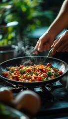 Poster - Close-up of a chef stirring a pan of vegetables on a stovetop.