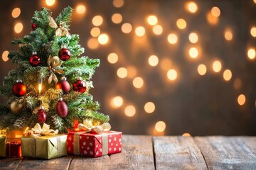 Wall Mural - christmas gift paper box under the new year tree. merry christmas and happy new year. xmas banner ho
