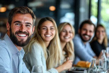 Group of colleagues engaging in a discussion during a business meeting in a conference room. Happy business people, men and women