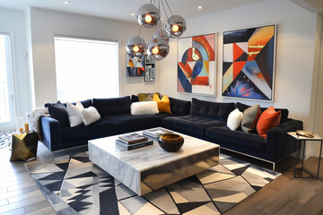 Poster - Contemporary living room interior design with a bold navy sofa, marble coffee table, and geometric area rug, accented by modern art and metallic light fixtures.