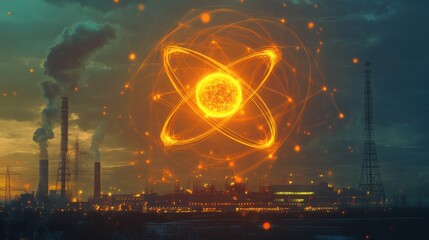 A scientific illustration of atomic energy, featuring an atom with electrons orbiting and a nuclear power plant in the background