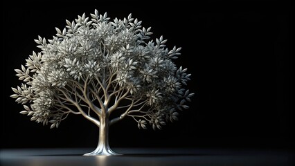 Silver tree with leaves isolated on black background