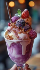 Sticker - Close-up of a delicious ice cream sundae with various toppings, including vanilla ice cream, berries, nuts, and a drizzle of sauce, in a glass.