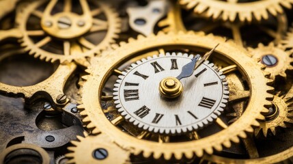 Poster - A detailed close-up of rotating brass gears in an old clock, showing wear and tear, representing the endurance of time.