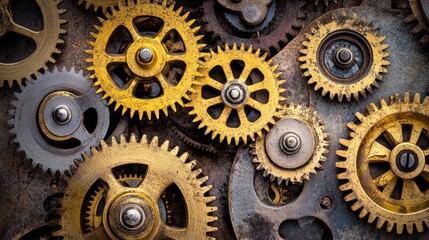 Poster - A detailed view of interconnected brass gears turning inside a classic clock, symbolizing the passage of time.