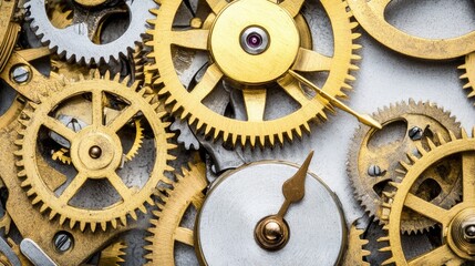 Poster - A detailed view of interconnected brass gears turning inside a classic clock, symbolizing the passage of time.