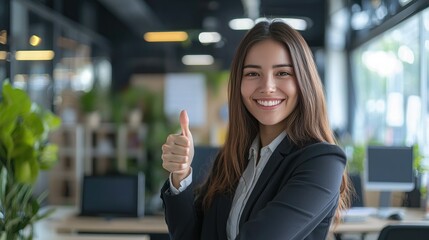 Poster - Happy business woman giving a thumbs-up in a modern workspace. 