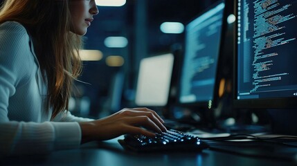 Poster - Business woman typing on a computer keyboard, focused. 