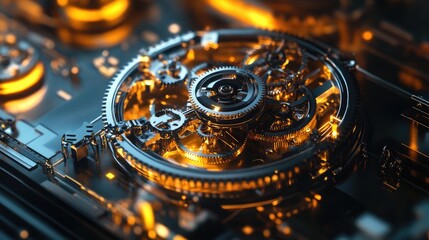 Poster - A futuristic gear clock with rotating metallic parts, showcasing modern industrial design and timekeeping.