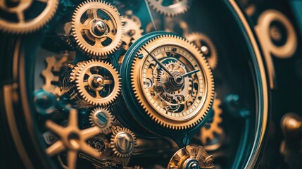 Poster - A mechanical clock with golden gears in perfect alignment, representing precision and the passage of time.