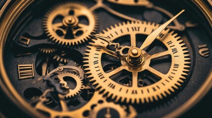 Poster - A mechanical clock with golden gears in perfect alignment, representing precision and the passage of time.