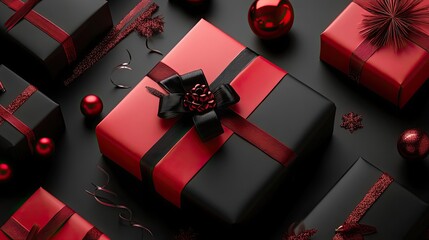 Red and Black Gift Boxes with Shiny Red Ribbon and Ornamental Decorations