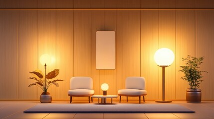 Poster - A home podcast setup with a cozy, minimalist background featuring simple furniture and lighting.