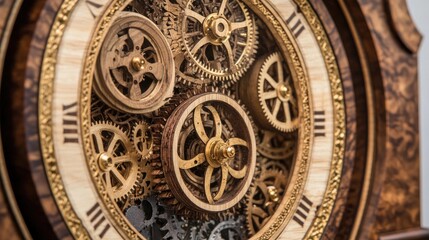 Poster - A series of interlocking gears inside a wooden clock, symbolizing both traditional craftsmanship and the passage of time.