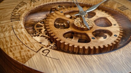 Poster - A series of interlocking gears inside a wooden clock, symbolizing both traditional craftsmanship and the passage of time.