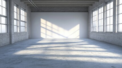 A sunny loft with concrete floors, large windows, and a blank white wall ready for a mockup, 3D render with soft natural light.