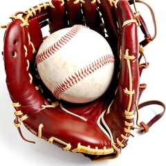 Close-up of a baseball glove and ball isolated on white background