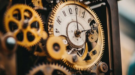 Poster - A vintage clock with visible moving gears and intricate cogs, showcasing the mechanics behind the passage of time.
