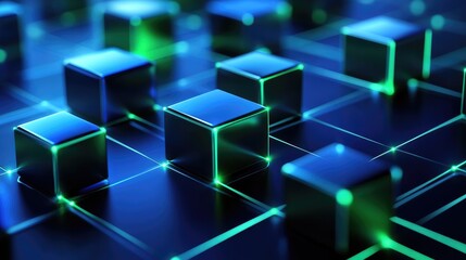 Poster - Abstract cubes in green and blue, connected by luminous lines, forming a futuristic digital network.