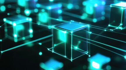 Poster - Abstract cubes in green and blue, connected by luminous lines, forming a futuristic digital network.