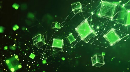 Poster - Abstract digital web of glowing green cubes, interconnected by bright lines, floating in a dark background.