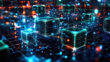 Poster - Abstract glowing green and blue cubes arranged in a grid, interconnected by lines representing data flow.