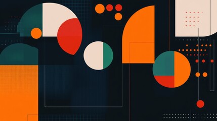 Poster - Abstract modern banner showcasing orange and green shapes with a dark blue background, emphasizing clean lines and geometric style.