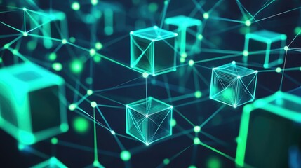 Poster - Abstract network of cubes, glowing in shades of green and blue, connected by thin, bright lines, visualizing data flow.
