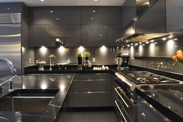 Poster - Sleek kitchen with black quartz countertops, stainless steel appliances, and matte gray cabinetry, accented by soft under-cabinet lighting for a contemporary feel. home interior design 