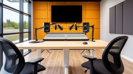 Poster - A spacious podcast studio featuring soundproof walls, professional microphones, and mixing consoles.