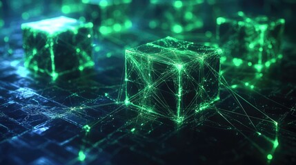 Poster - Blue and green cubes emitting light, linked by glowing lines, representing data transmission in a virtual network.
