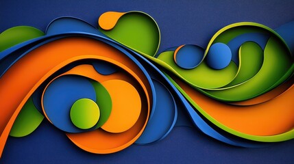 Poster - Bold modern banner with abstract orange and green shapes, forming a striking design over a deep blue backdrop.