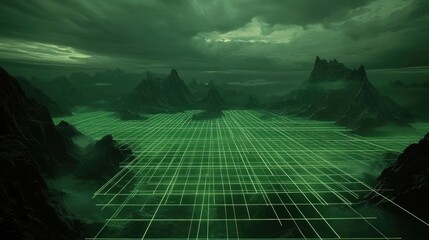 Poster - Bright green laser lines crisscross in a grid over a dark, misty scene, creating depth and glowing intensity.