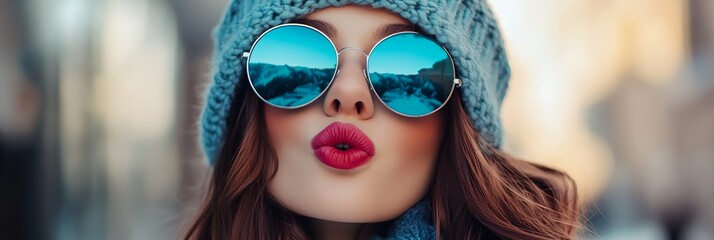 Sticker - A woman wearing a blue hat and sunglasses is kissing her lips. The photo is a close up of her face, with the sunglasses and hat drawing attention to her lips. Scene is playful and flirtatious