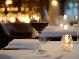 A wine glass is filled with red wine on a table. The wine glass is on a table with a white tablecloth and a knife and fork. The table setting is elegant and sophisticated