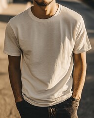 Casual Man in White T-Shirt and Jeans, Relaxed Summer Streetwear Look, Minimalist Fashion Style, Simple and Modern Outfit, Sunlit Outdoor Scene, Men's Casual Wear, Everyday Fashion