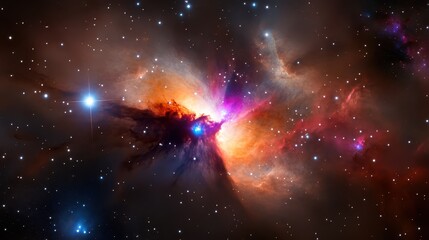 Wall Mural - bright galaxy stars in the background, surrounded by glowing nebulae and cosmic clouds.