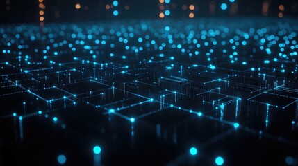 Poster - Digital network concept with glowing blue cubes connected by fine, luminous lines, representing modern technology.