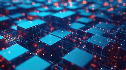 Poster - Digital network concept with glowing blue cubes connected by fine, luminous lines, representing modern technology.