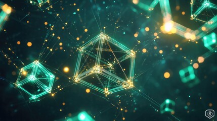 Poster - Floating green cubes with bright lines, forming an abstract network for digital connections and data flow.