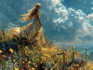 Poster - Woman in a Field of Flowers with a Dreamy Sky