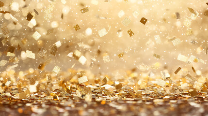 Wall Mural - golden christmas particles and sprinkles for a holiday celebration like christmas or new year. shiny golden lights. wallpaper background for ads or gifts wrap and web design