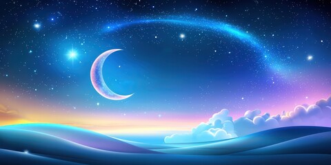 Glowing galaxy and moon background with a bright moon and distant stars scattered across a cosmic backdrop.