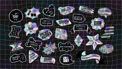 Poster - Large set of holographic stickers with inscriptions. Label with metallic effect. Vector design elements for advertising materials, social networks