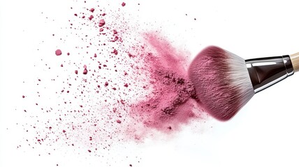 Make up brushes with Pink powder splashes isolated on studio backdrop,Makeup artist tools,an array of professional make-up brushesshowcasing beauty tools for daily makeup application.