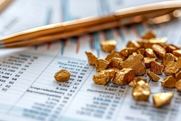 Gold nuggets on a financial report with a pen.