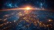 © Lina - A physical map of planet Earth, highlighting Western Europe, features a satellite view with the sun shining on the horizon.